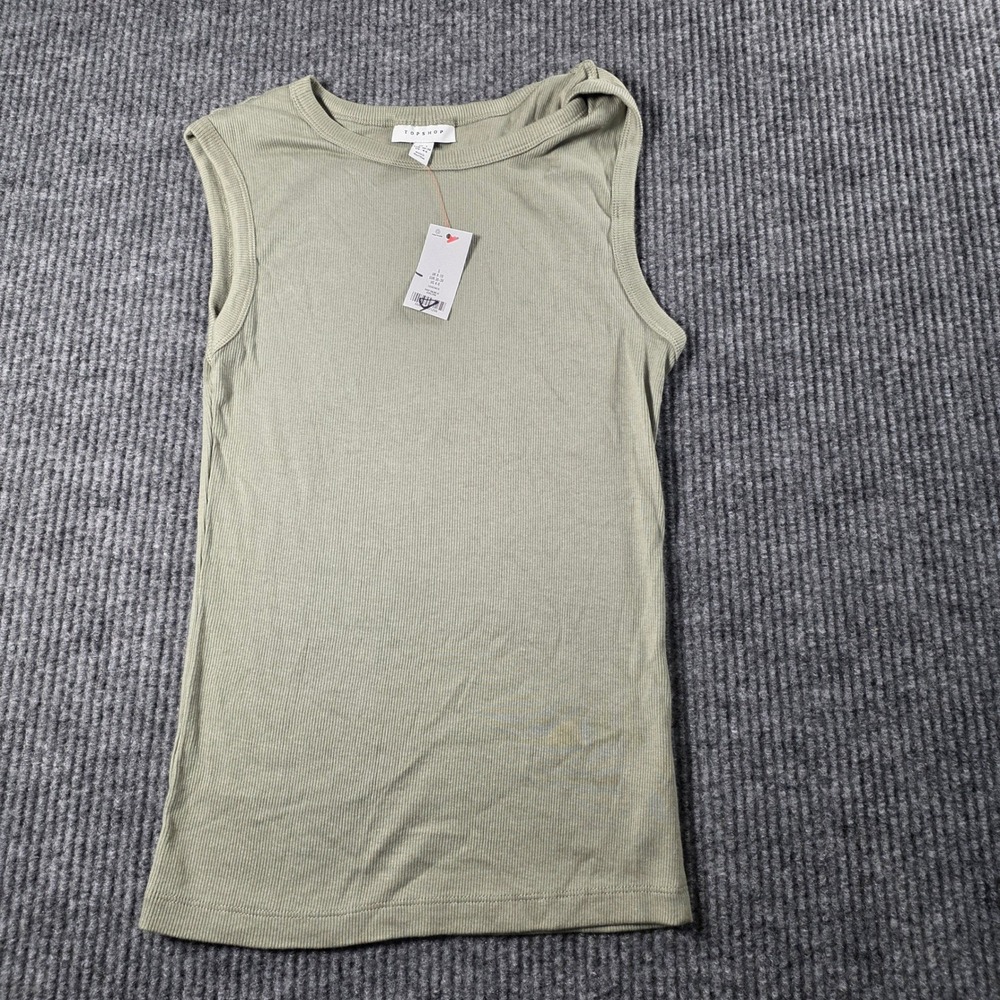 Topshop Womens Ribbed Sleeveless Tank Top Sage Green Crew Neck Size US 4-6 NEW